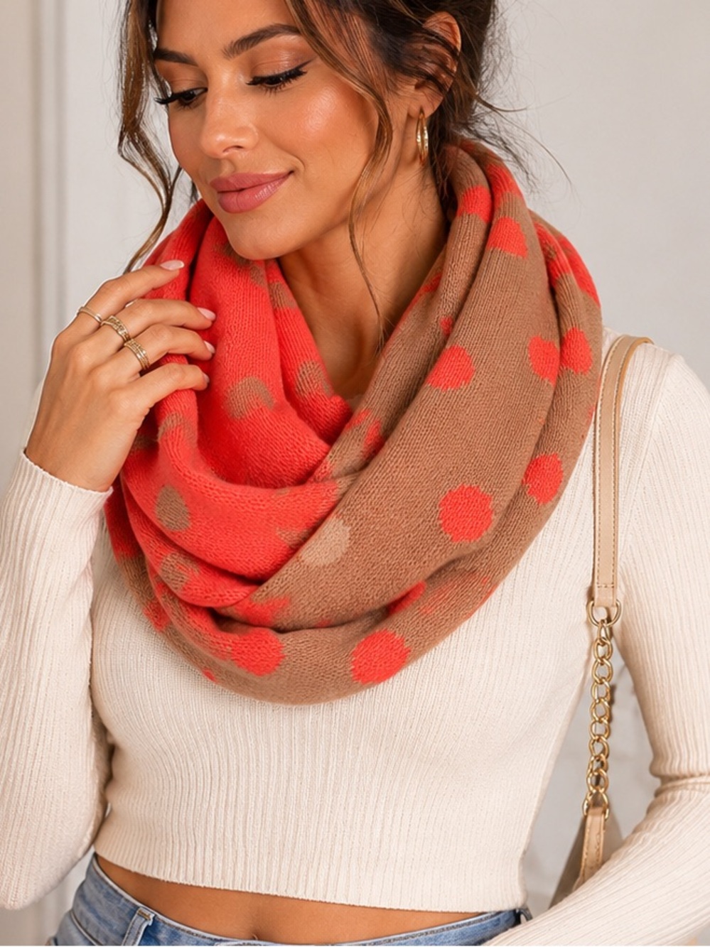 Codello Women’s Coral & Tan Polka Dot Reverse Infinity Scarf